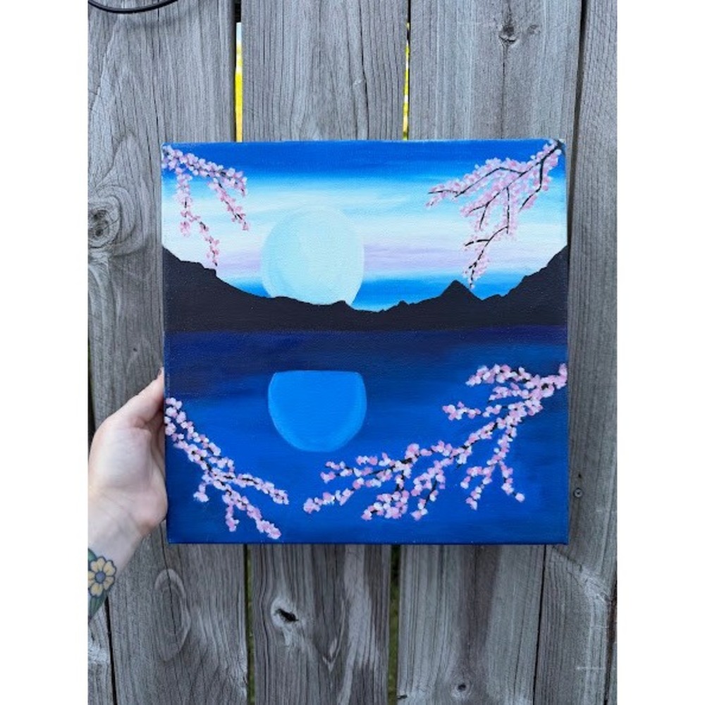 Sakura Moon Landscape Unbranded Original Handpainted Acrylic Canvas OS Blue Pink